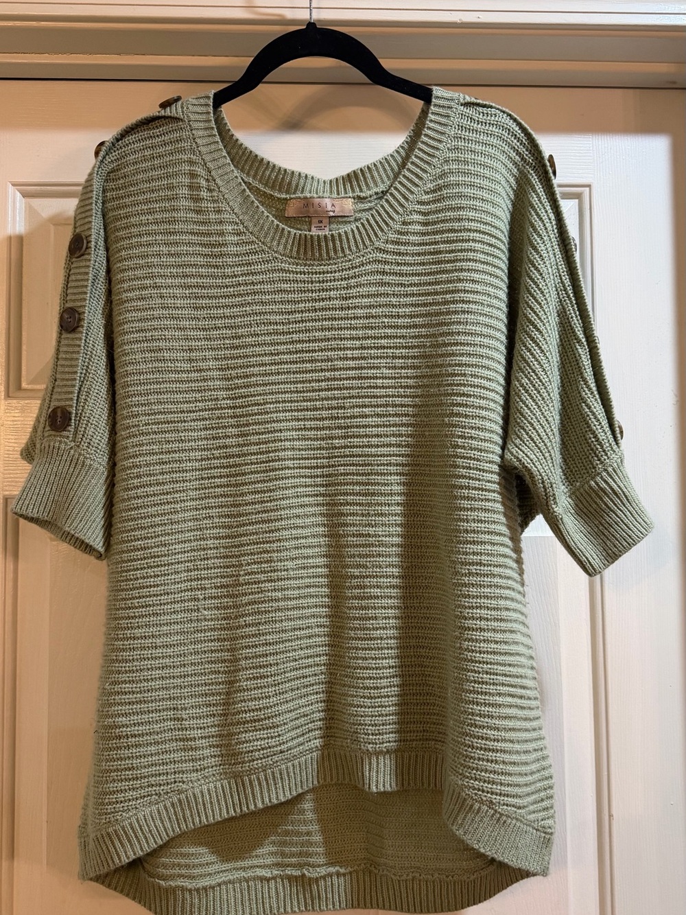 Misia Curvy Olive Green Button-Shoulder Knit Sweater Size 1X